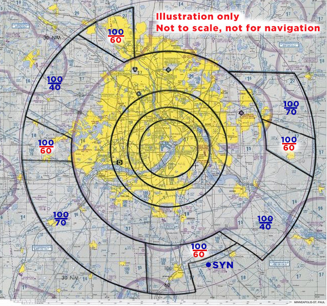 Reduced Class B shelf floors are noted in red, along with a slight expansion of the cutout around  Stanton Airfield (SYN) on the south side of the Class B. The new boundaries are shown in black, with existing boundaries in light blue.