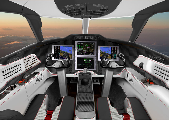 Rendering of the pilots' view from the SyberJet SJ30.