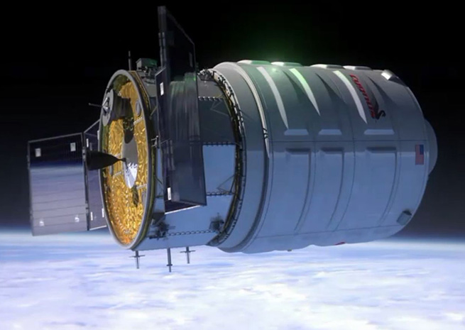 An animation of Cygnus in flight. (Image from NASA TV stream)