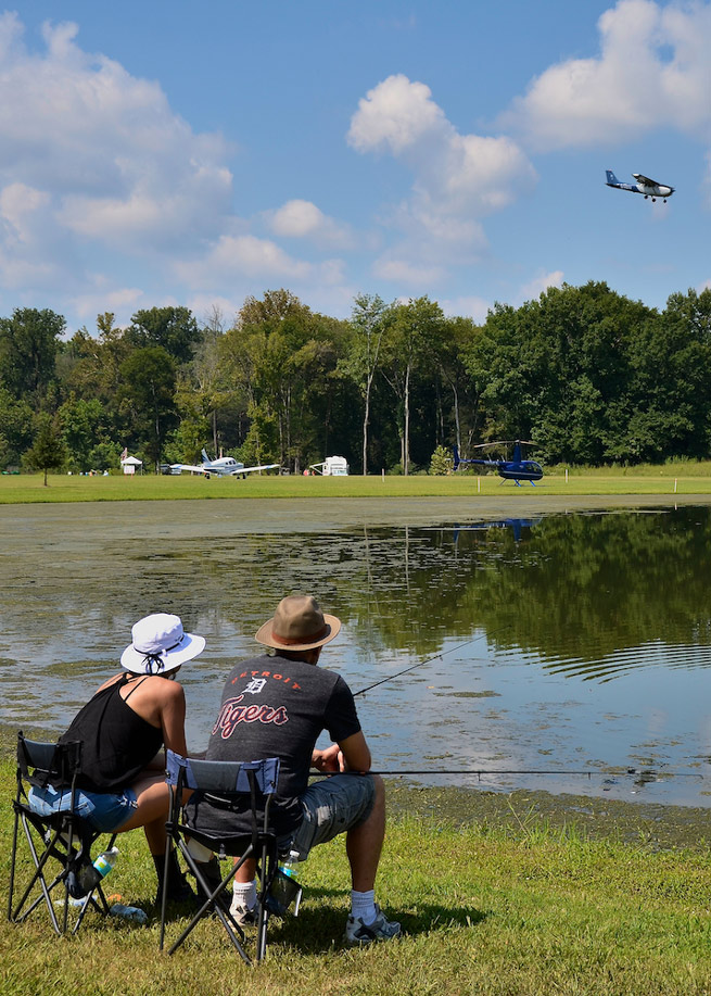The airport features a 50-acre lake and a smaller duck pond stocked for fishing. 