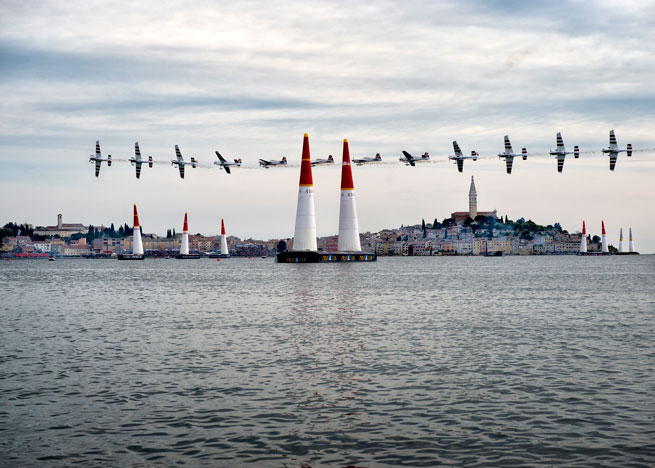 In this composite image, Paul Bonhomme performs during the finals for the second stage of the Red Bull Air Race World Championship in Rovinj, Croatia, on April 13. Photo credit: Predrag Vuckovic/Red Bull Content Pool