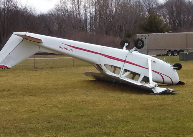 Tiedowns couldn't hold the Cessna down against strong winds that hit Lakeview, Mich. Photo courtesy of Michael Matthews.