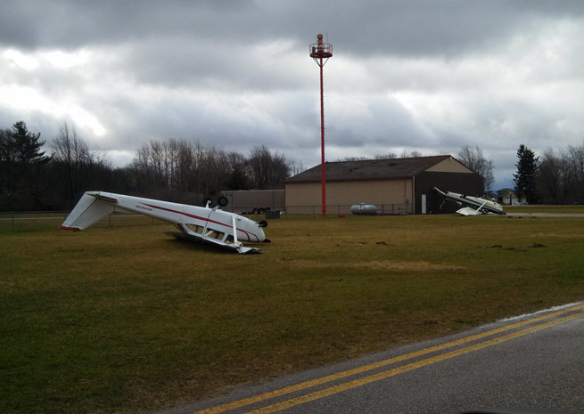 The wind storm that swept through Michigan flipped Cessnas tied down outside Lakeview Airport in Michigan. Photo courtesy of Michael Matthews. 
