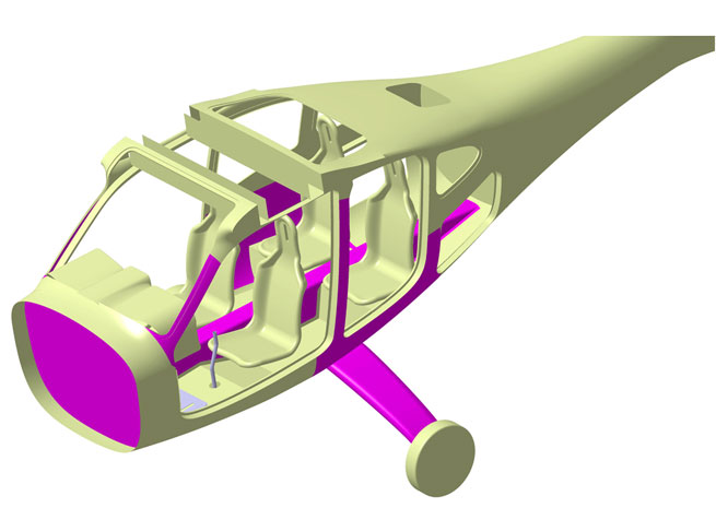 This rendering by the Hamburg University of Applied Sciences depicts parts of the Flight Design C4 cabin being engineered for better safety. Image courtesy of Flight Design.