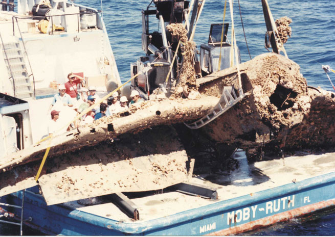 A TBM-1C Avenger is salvaged off the Florida coast on August 13, 1991. Project 19, an organization founded by Jon F. Myhre, believed at the time this might be one of the five aircraft of Flight 19, though Myhre has more recently come to believe otherwise. Photo courtesy of Jon F. Myhre.