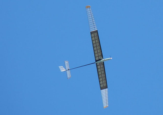 The Eos-Alpha, a scale model prototype with a 15-foot wingspand, has logged up to 35 hours of continuous flight. Photo courtesy of Global Flight Systems.