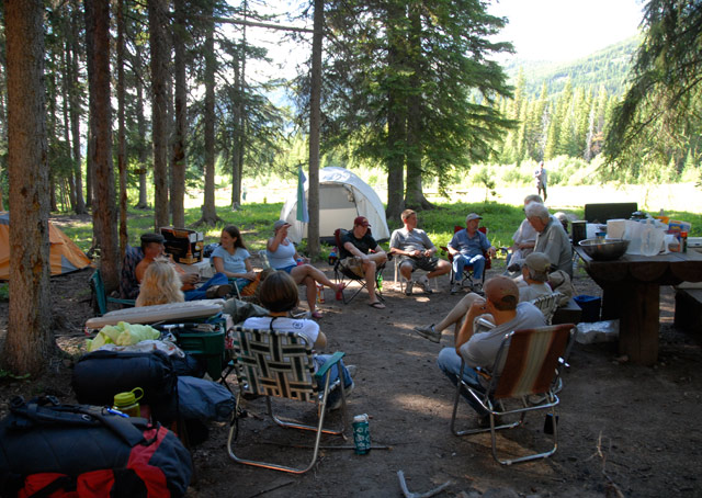 The Montana Pilots Association had a work session (and social time) at Schafer Meadows in July. Photo courtesy Montana Pilots Association.