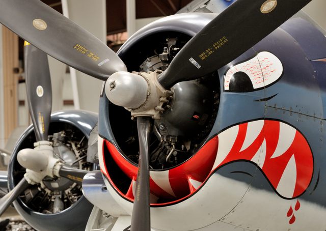 A Navy airplane from World War II wears this sad face at Yanks Air Museum.