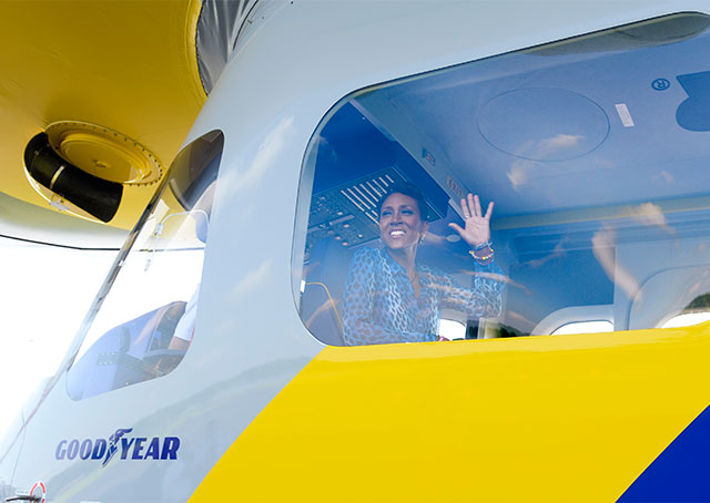 Robin Roberts was given the honor of christening, and was the first passenger in Wingfoot One. Goodyear Tire & Rubber Co. photo.