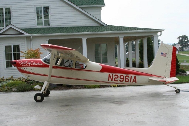 Dick Merrill of Chuckey, Tenn., has had his 1953 Cessna 180 repainted to match the paint scheme of Jerrie Mock's "Spirit of Columbus."