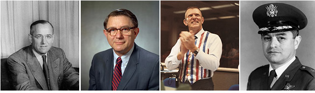 The 2015 inductees in the National Aviation Hall of Fame, from left, Robert N. Hartzell, Abe Silverstein, Eugene "Gene" Kranz, and U.S. Air Force Brig. Gen. Robert L. Cardenas (retired). Photos courtesy of the National Aviation Hall of Fame. 