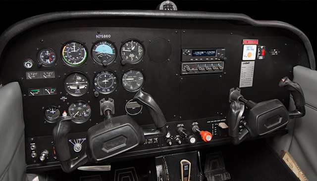 The Cessna 172LITE panel has one communications radio and a transponder to place emphasis on fundamental airmanship rather than extraneous information. Photo courtesy of Sporty’s.