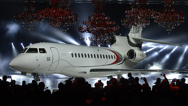 Dassault Aviation on Dec. 17 rolled out the first of its new line of ultra-long-range business jets, the Falcon 8X, at Dassault’s final assembly plant in Merignac, France. Photo courtesy of Dassault Aviation.