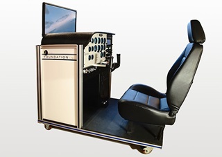 The foundation, an AATD modeled on the Cessna 172, has a base price of $30,000 and is sized to fit through doorways. Projection-screen visuals are optional. Photo courtesy of one-G simulation. 