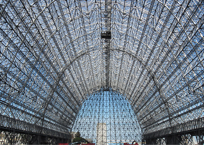 The historic Hangar One is currently skinless, if not boneless. NASA photo.