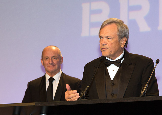 Mike Houghton, right, was recognized in December for his leadership of the National Championship Air Races in trying times, weeks before losing his job. Clark Cook photo courtesy of the International Council of Air Shows.