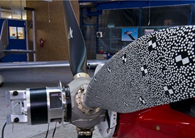 The camera system captured images of propeller blades painted in a pattern of dots that clearly illustrated how the metal deforms. DLR photo. 