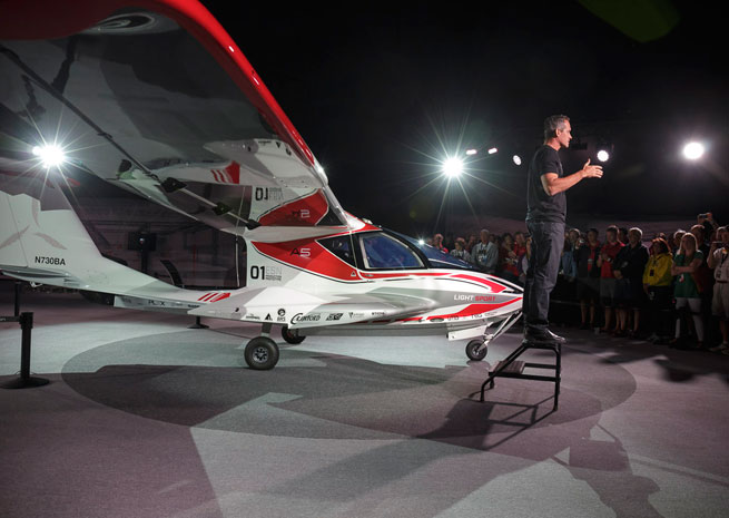 Icon Aircraft founder and CEO Kirk Hawkins speaks at an event at EAA AirVenture July 27.