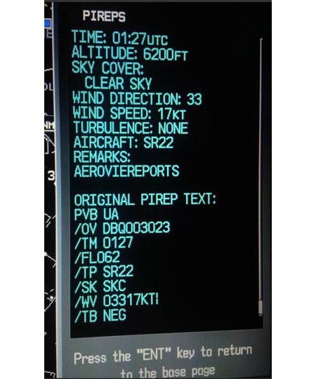 This pilot report was sent as a test from a Cirrus SR22 to flight service and was retransmitted to the aircraft by flight service as in-flight weather information to prove the Aerovie Reports system.