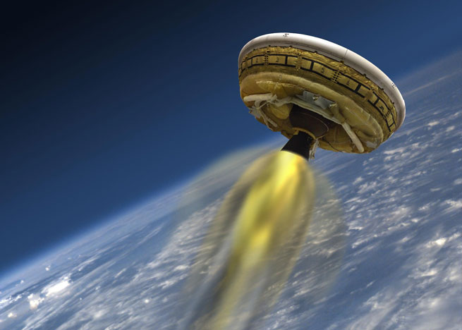 An artist’s concept shows the saucer-shaped test vehicle for NASA’s Low-Density Supersonic Decelerator. Image credit NASA/JPL-Caltech