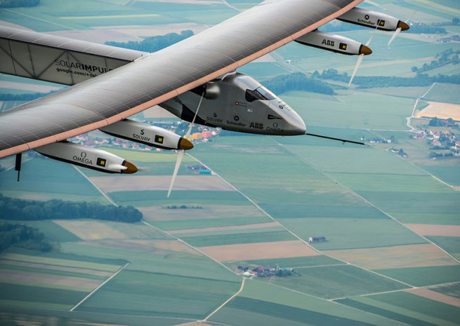 Solar Impulse 2 on its maiden flight over Switzerland June 2, 2014. It is scheduled to start its circumnavigation at the end of February or early March. Photo courtesy of Solar Impulse.