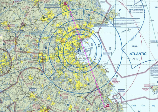 How would you plan your flight to AOPA's Plymouth Fly-In July 12 if you were flying through the Boston area? Would you go around, over, or under the Class B airspace?