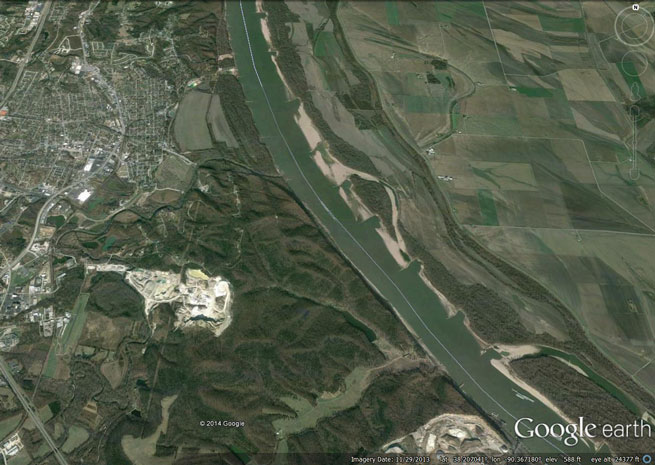 Google Earth view of Festus, Mo., (left), the Mississippi River, and the corn fields of Illinois where Kinmartin aimed his stricken aircraft. 