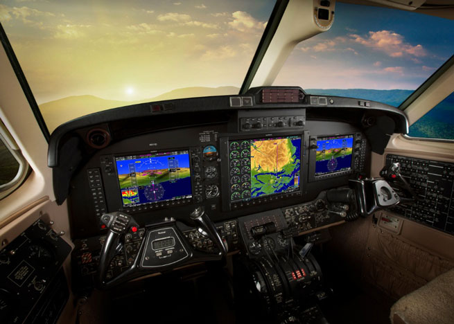 Upgrades to Garmin G1000-equipped King Air 200/250/300/350 series aircraft include Automatic Dependent Surveillance-Broadcast (ADS-B) compliance, capability to create user-defined holding patterns, and the approval of optional equipment to increase its global operating capability. Garmin image.