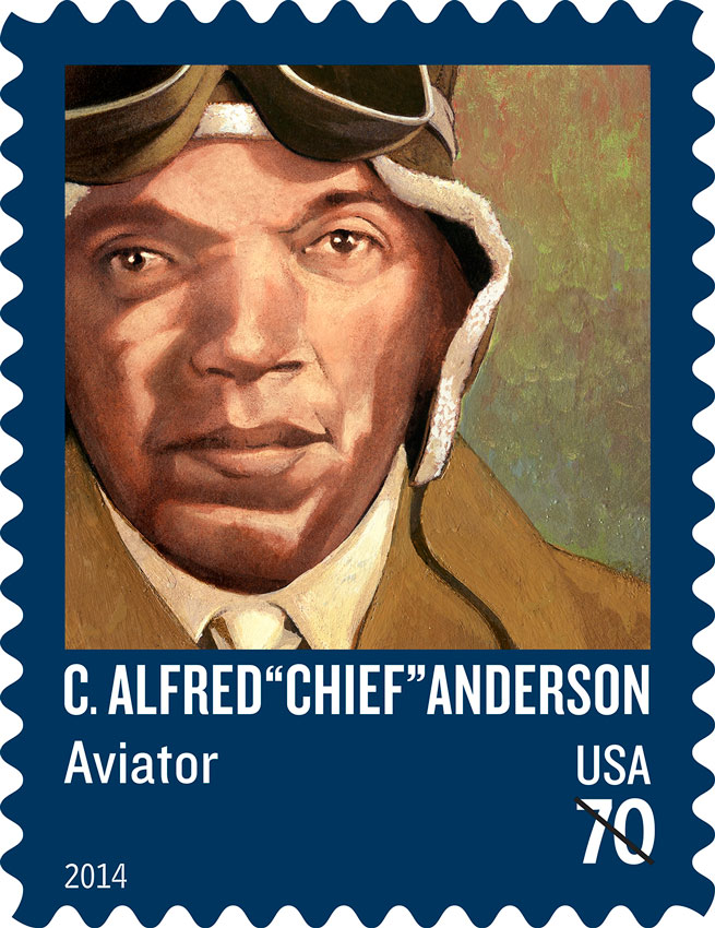 C. Alfred “Chief” Anderson, chief flight instructor of the prestigious Tuskegee Airmen, was immortalized on a stamp March 13. Copyright 2014 U.S. Postal Service.