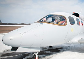 Chief Test Pilot Mike Stevens prepares for flight in the SF50. Cirrus Aircraft photo.