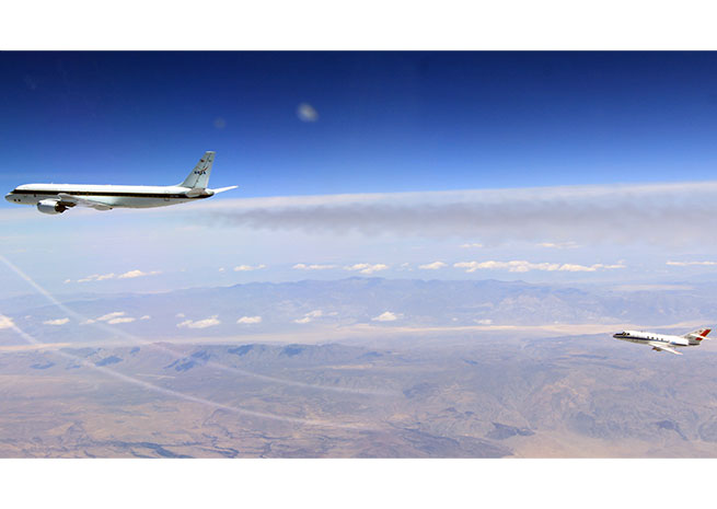 Behind the DC-8, the scientists on board the DLR Falcon measured the exhaust gas composition. NASA photo. 