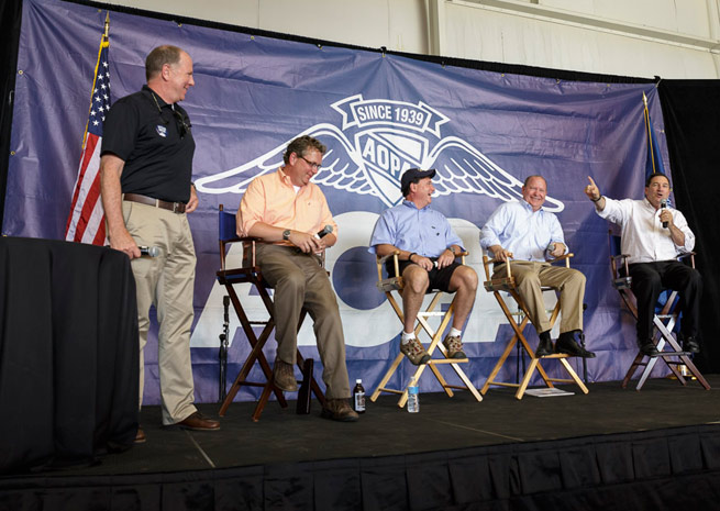 A Pilot Town Hall included a panel discussion with (left to right) AOPA's Jim Coon, Indiana State Sen. Brandt Hershman, U.S. Rep. Todd Rokita, U.S. Rep Larry Bucshon, and U.S. Sen. Joe Donnelly.