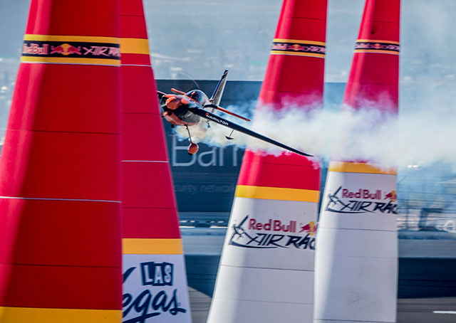 Nicolas Ivanoff of France navigates the Red Bull Air Race World Championship course at the Las Vegas Motor Speedway Oct. 12. Andreas Langreiter photo courtesy of Red Bull. 