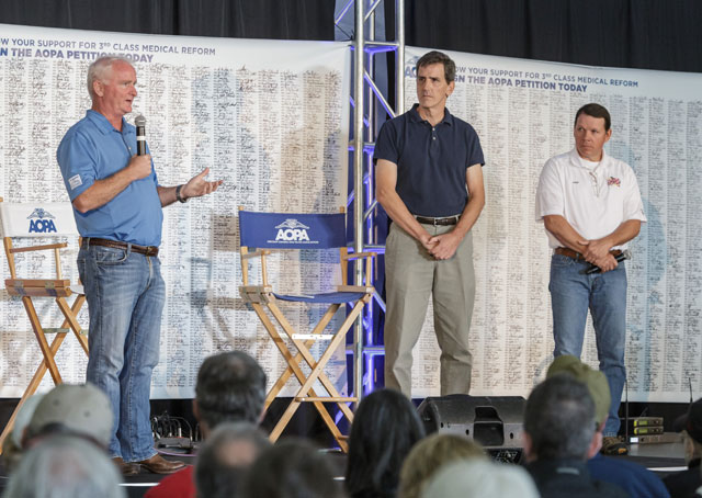 AOPA President Mark Baker, FAA Deputy Administrator Michael Whitaker, and House GA Caucus Co-chair Sam Graves fielded questions from the audience at the Pilot Town Hall. 