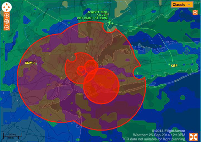 Users can now view TFRs on FlightAware, shown here in red on a new satellite display.