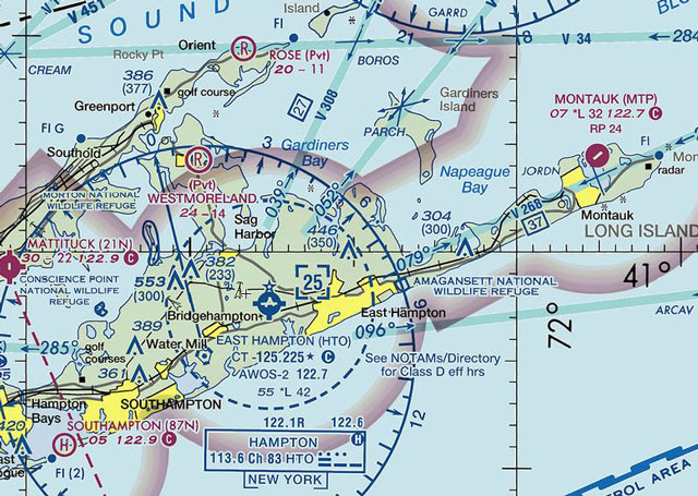 This sectional chart image shows East Hampton at left. The town’s new noise rules will not appear on aeronautical charts. It remains unclear if the town has legal authority to regulate aircraft operations.