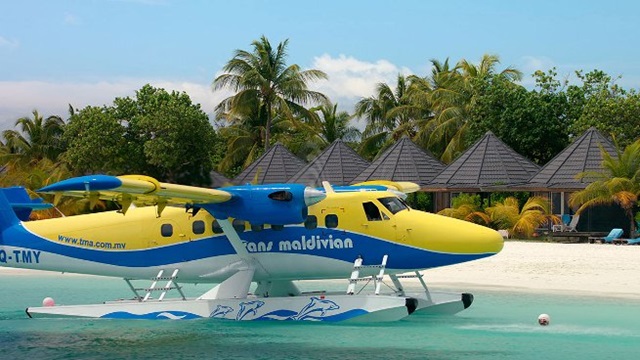 A seaplane brings visitors to the Maldive Islands in the documentary Living in the Age of Airplanes. Photo courtesy National Geographic Studios.