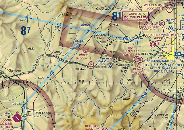 A modern sectional chart depicts the MacDonald Pass beacon at center, just west of Helena. It was briefly stricken from the chart, but added back a few years ago when state officials told the FAA the beacons remain operational. 