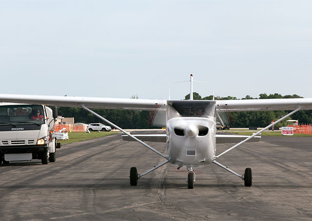 A Cessna Skyhawk retrofitted with a Continental diesel engine arrives at Lakeland Linder Regional Airport April 20.