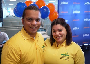 José O. Torres Lopez, left, a CFI at Puerto Rico’s Interamerican University, with Nitzary Lopez Ortiz, who working on her IFR rating while attending the school and studying aviation. Both applied for the airlift through essays submitted to JetBlue last month. The school’s aviation program is a beneficiary of the JetBlue Foundation. Photo by Amy Laboda.