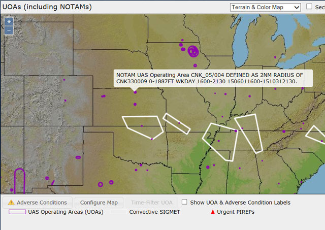 Unmanned aircraft flight plans are depicted in purple, in much the same way convective sigmets (white polygons on this image) are depicted. The text displayed here pops up when clicking on each UAS Operating Area. The map is available to anyone in the aviation community. Image courtesy of Lockheed Martin.