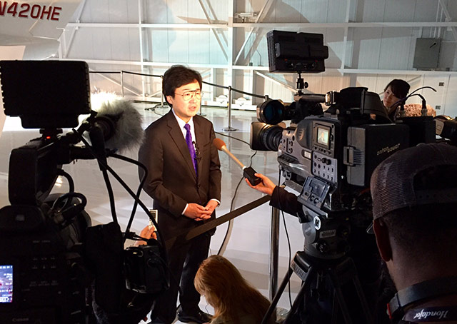 Media quiz Honda Aircraft President and CEO Michimasa Fujino after the awarding of the HondaJet's type certificate in Greensboro, North Carolina.