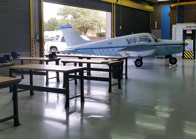 A donated Piper Cherokee 140 sits in Pensacola, Florida’s George Stone Technical Center Dec. 14 after the adult education school recently launched a two-year FAA-certified aircraft maintenance training program. Enrollment is open until Jan. 13, 2016. Photo courtesy of Bill Davis.