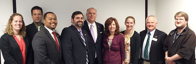 From left:AOPA Central Southwest Regional Manager Yasmina Platt, Rep. Stephen Meeks, Rep. Charles Blake, Rep. Chris Richey, Rep. Joe Jett, Rep. Mary Broadaway, controller Megan Pittman, Rep. Steve Magie (pilot and physician), controller Scott Lookabill.