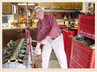 Bob with Lincoln Liberty V-12, rebuild at Peter Orton's shop