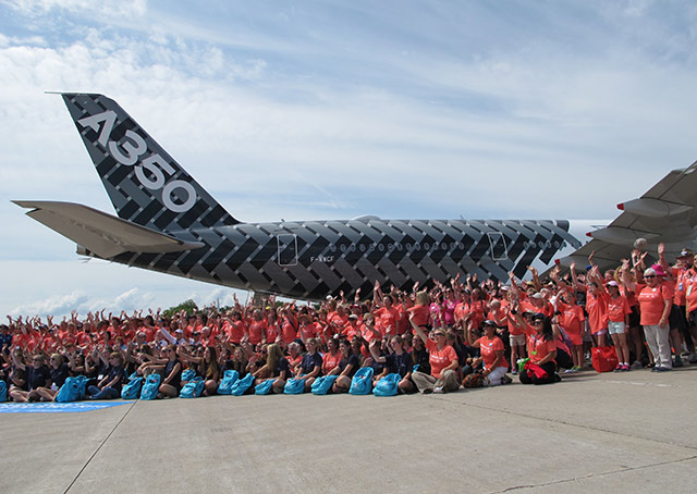 Women flood Boeing Plaza in a sea of pink for the annual WomenVenture photo at EAA AirVenture.