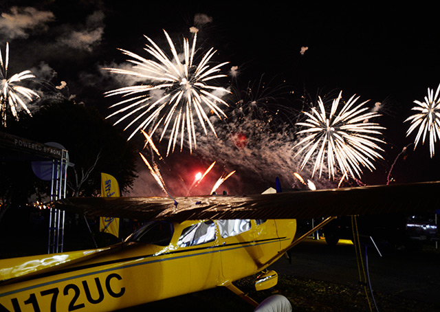 Fireworks explode over the Yingling Ascend 172 Cessna at the AOPA campus. 