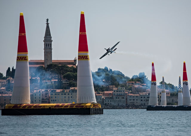 Michael Goulian of the United States performs during the finals of the third stage of the Red Bull Air Race World Championship in Rovinj, Croatia on May 31, 2015. Photo by Sebastian Marko/Red Bull Content Pool.