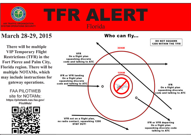 Pilots should take note of an upcoming TFR over Palm City, Florida, March 28 and 29. Click to see the full alert.