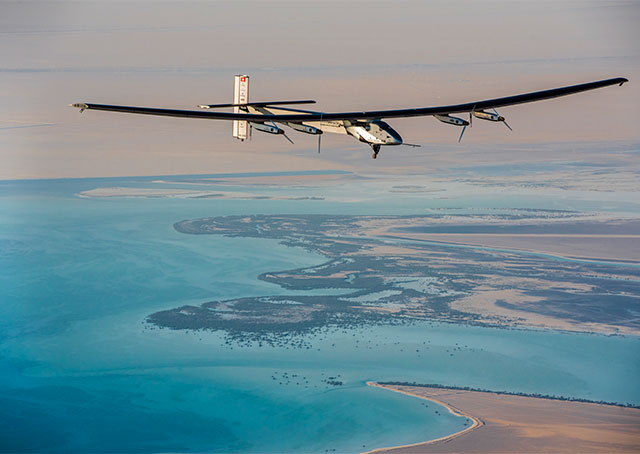 Si2 was test-flown over Abu Dhabi in the days leading up to departure. Photo courtesy of Solar Impulse. 